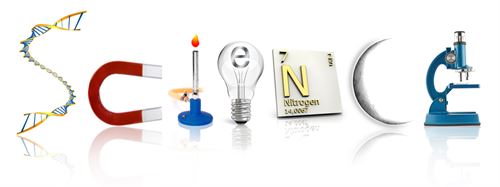Science written in picture format with each letter illustrated seperately, ie. the C is a magnet, the "I" is a bunson burner the "E" a light bulb, the "N" is a periodic table "N" the "C" is a moon and the "E" is a microscope
